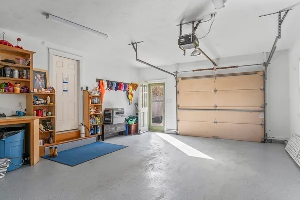 a view of a garage with storage