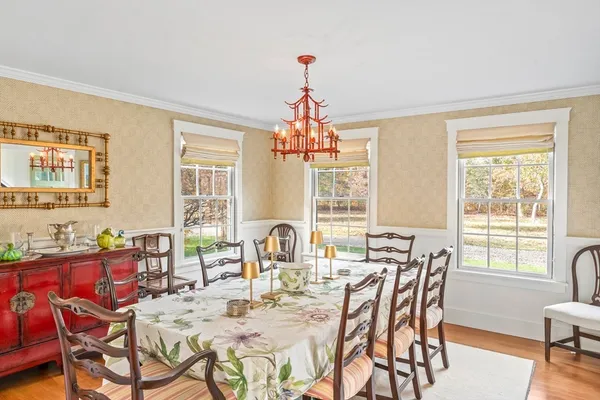 a view of a a dining room with furniture window and outside view