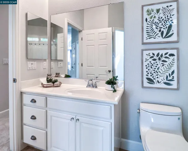 a bathroom with a sink a toilet and mirror