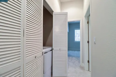 a view of a hallway with closet and a white door