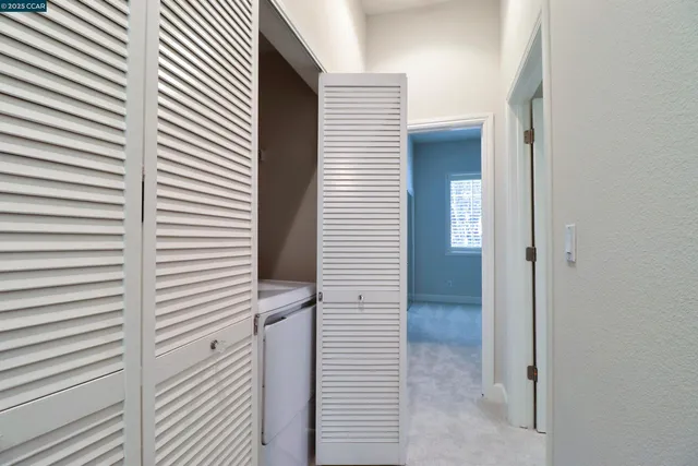 a view of a hallway with closet and a white door