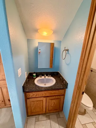 a bathroom with a granite countertop sink and a mirror
