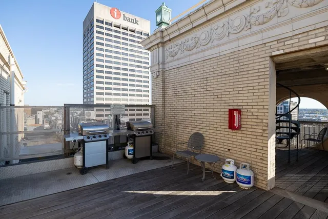 a view of a balcony with city view