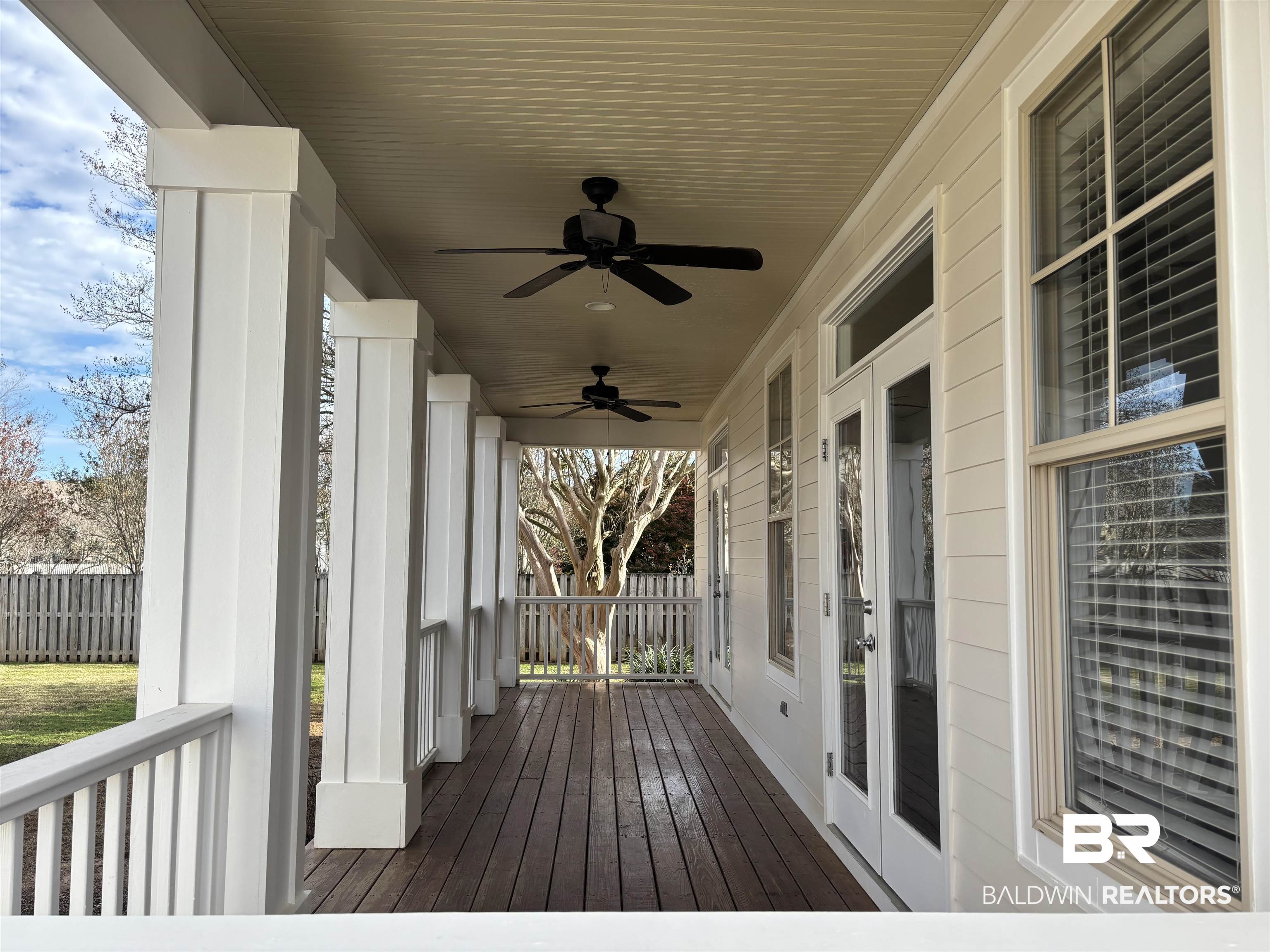 24561 Austin Road Daphne, AL 36526 - Photo 40 of 57 Wooden terrace featuring a porch, french doors, and ceiling fan