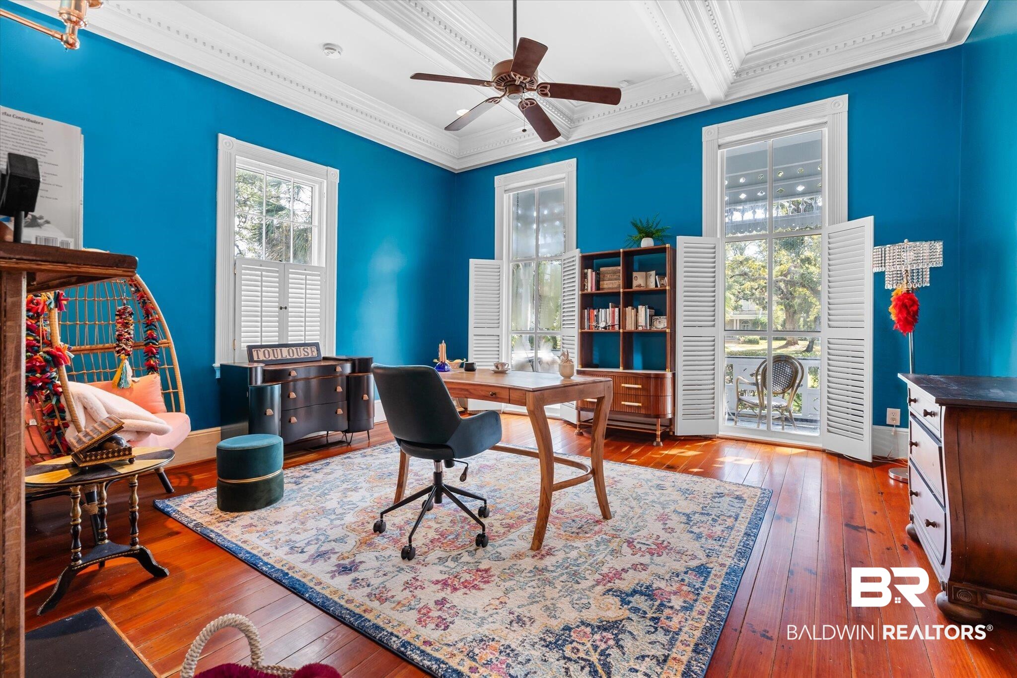 1210 Government Street Mobile, AL 36604 - Photo 12 of 37 Office area featuring ceiling fan, crown molding, beamed ceiling, and hardwood / wood-style floors