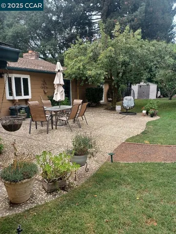 a view of a backyard with table and chairs potted plants and a large tree