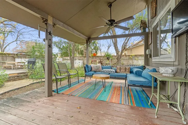 a living room with a couch and a table