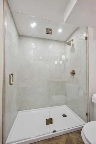 a bathroom with a shower and toilet