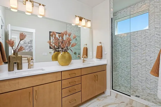 a bathroom with a granite countertop sink a potted plant and a shower