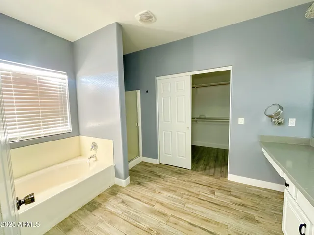 a bathroom with a tub sink shower and mirror
