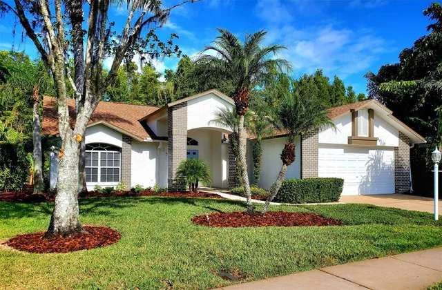 a front view of house with yard and green space