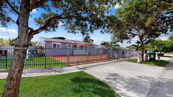 a view of a park with a large trees
