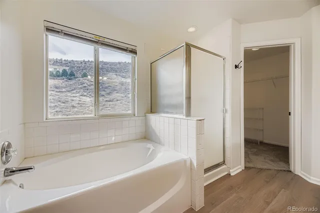 a bathroom with a bathtub and a shower