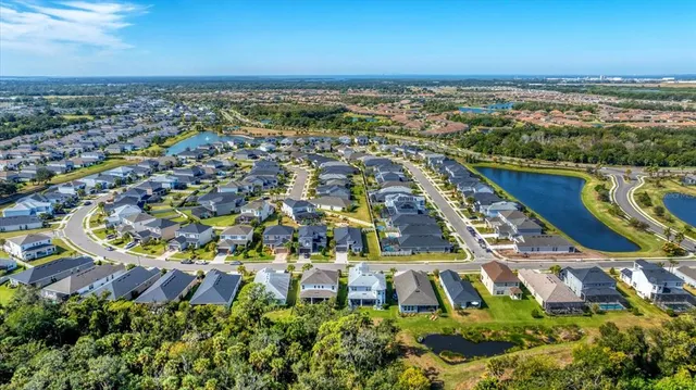 an aerial view of residential houses with outdoor space