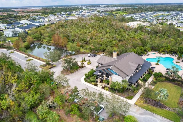 an aerial view of a swimming pool