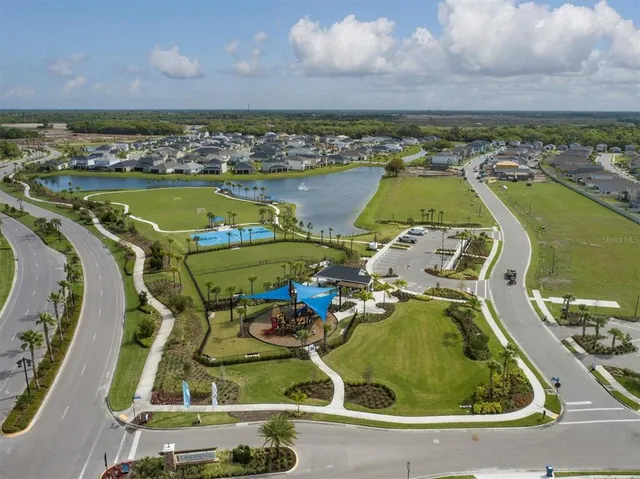 a view of a lake with a city