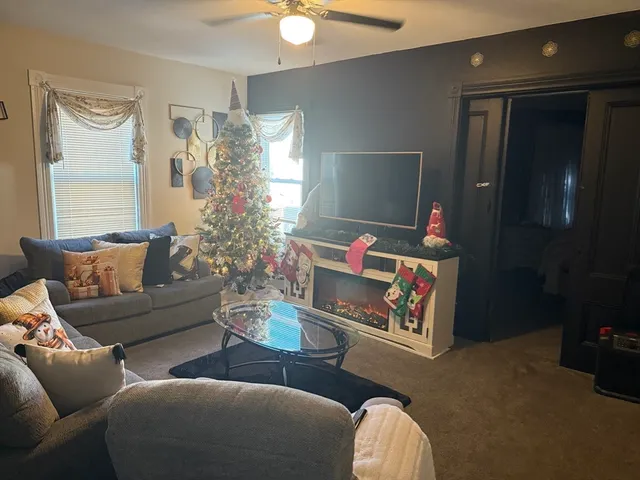 a living room with furniture and a potted plant
