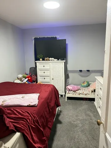 a bedroom with a bed and flat screen tv