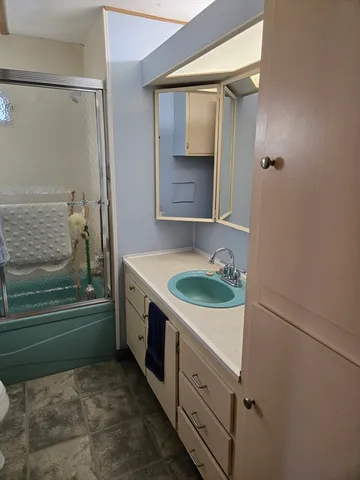 a bathroom with a sink and a mirror
