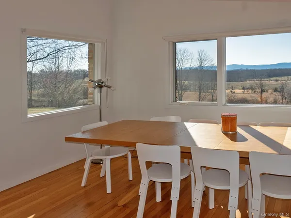 a view of a dining room with furniture and wooden floor