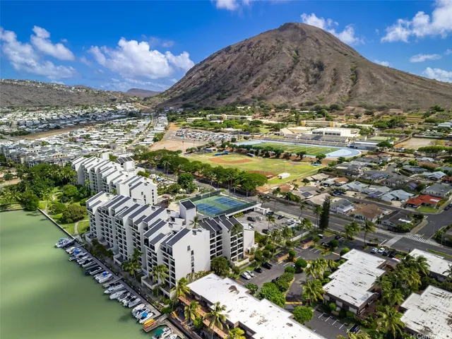 an aerial view of a building with outdoor space