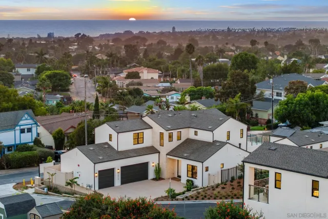 an aerial view of residential houses with a city view