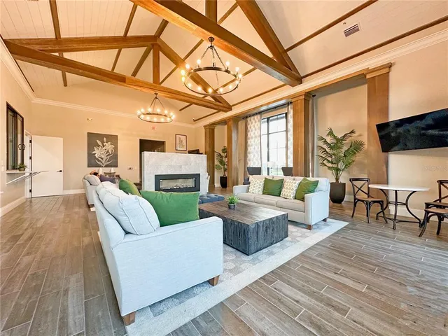 an aerial view of a swimming pool and outdoor space