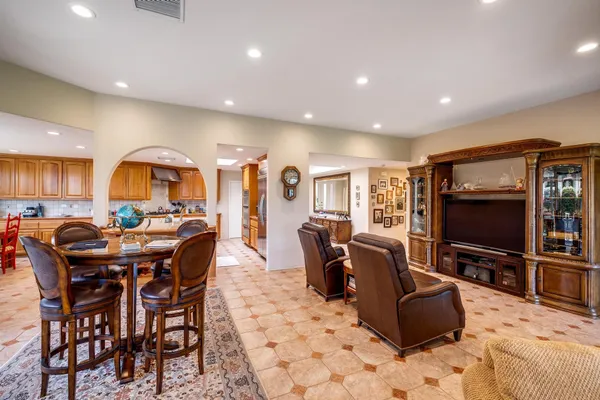 a view of a dining room with furniture