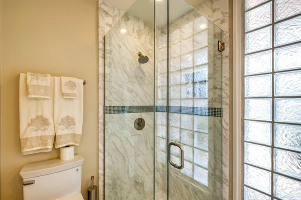 a bathroom with a shower and a toilet
