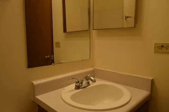a bathroom with a sink and a mirror