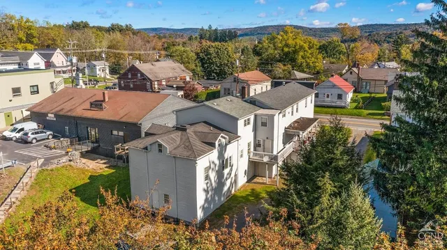 a street view with tall buildings