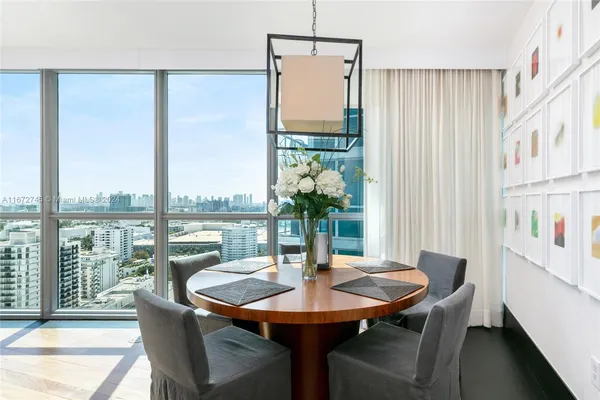 a view of a dining room with furniture window and outside view