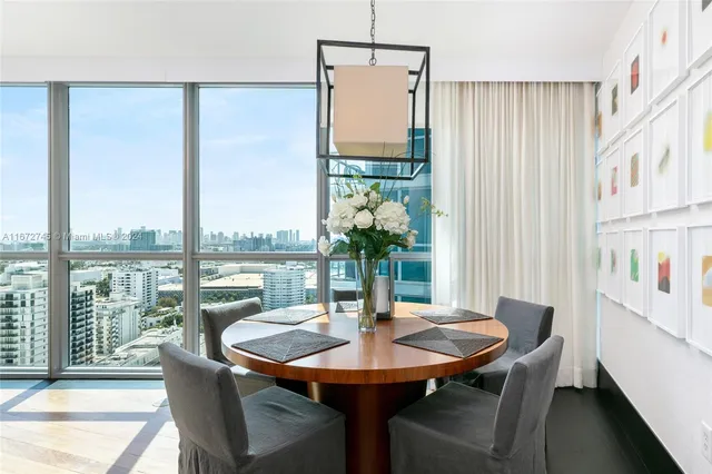 a view of a dining room with furniture window and outside view