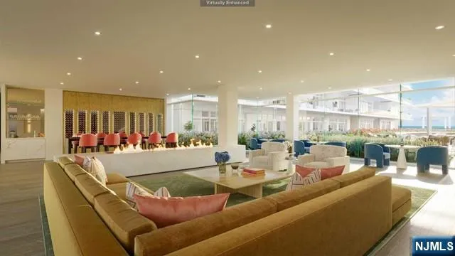 a view of a dining room with furniture and a table