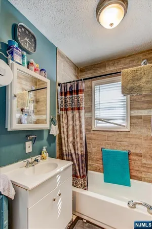 a bathroom with a sink a mirror and a shower