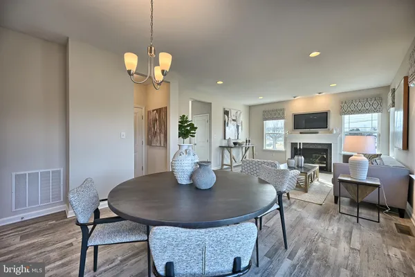 a view of a dining room with furniture