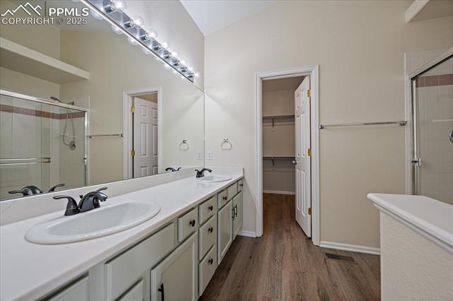 1110 Samuel Point Colorado Springs, CO 80906 - Photo 21 of 28 Bathroom with a shower stall, double vanity, dark wood-style flooring, and a walk in closet