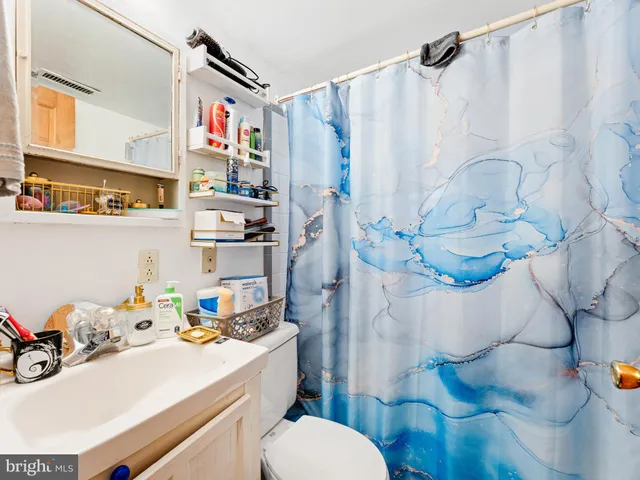 a bathroom with a sink a toilet and shower curtain