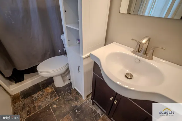 a bathroom with a sink toilet and a mirror