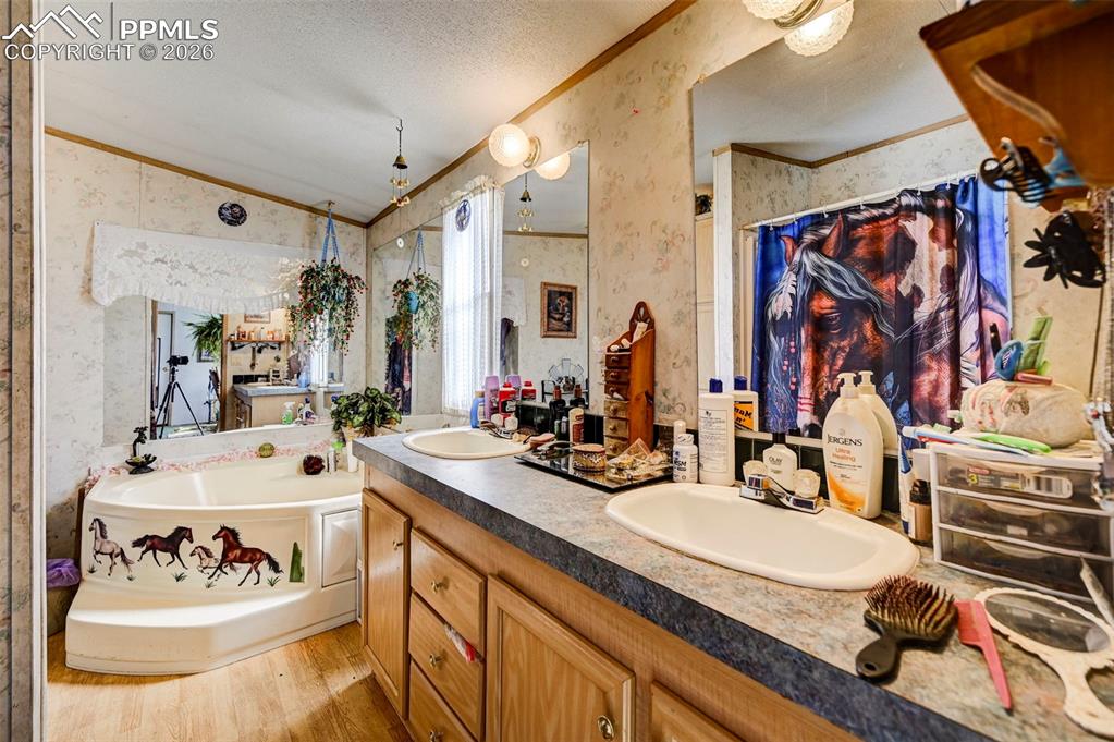 35875 Shear Road Yoder, CO 80864 - Photo 24 of 45 a bathroom with a sink double vanity and mirror