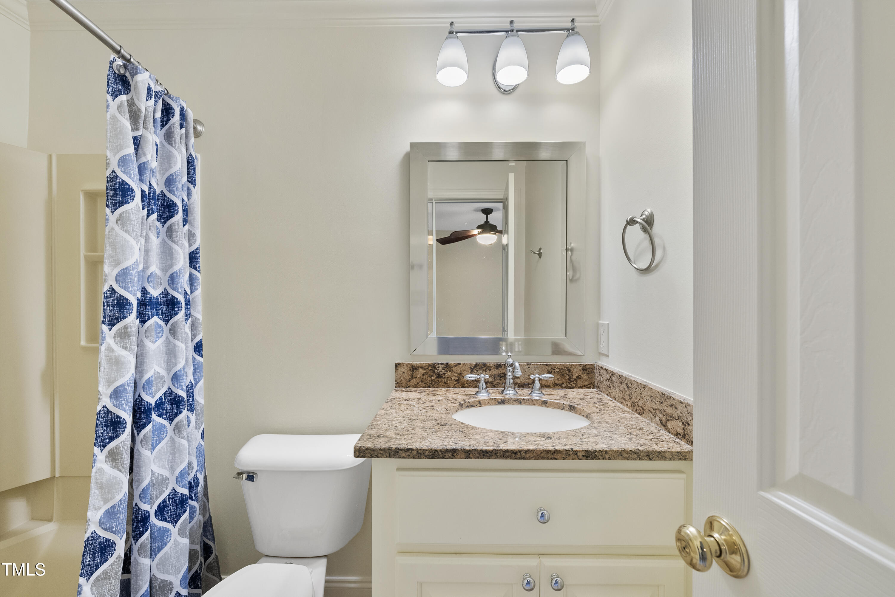 1403 Governors Court Raleigh, NC 27604 - Photo 20 of 34 a bathroom with a granite countertop sink a toilet and a mirror