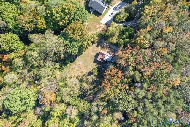 an aerial view of town with residential houses with outdoor space and trees