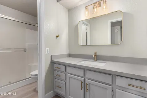 a bathroom with a granite countertop sink a toilet and a mirror