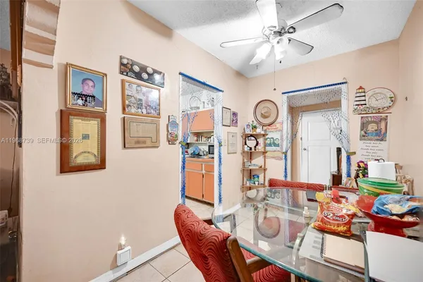 a view of a dining room with furniture