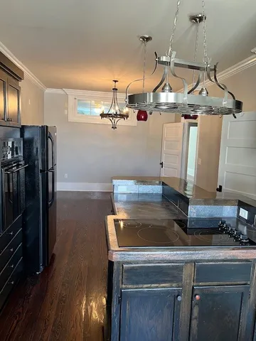 a kitchen with a sink a refrigerator and wooden floor