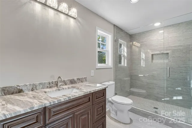 a bathroom with a granite countertop sink a toilet and shower