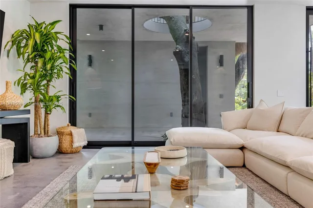 a living room with furniture and a potted plant