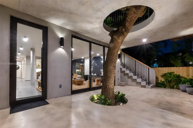 a view of a building with a garden