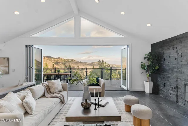a living room with furniture potted plant and a large window