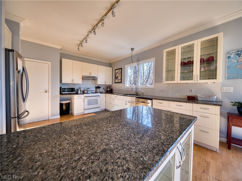 13730 Sperry Road Novelty, OH 44072 - Photo 12 of 31 Kitchen with sink, track lighting, light hardwood / wood-style floors, stainless steel appliances, and backsplash